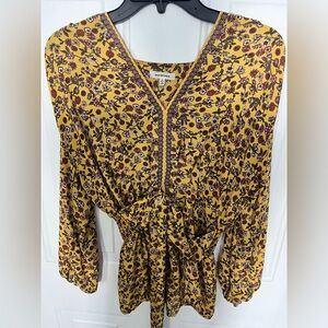 Max Studio Mustard Floral V-Neck Blouse